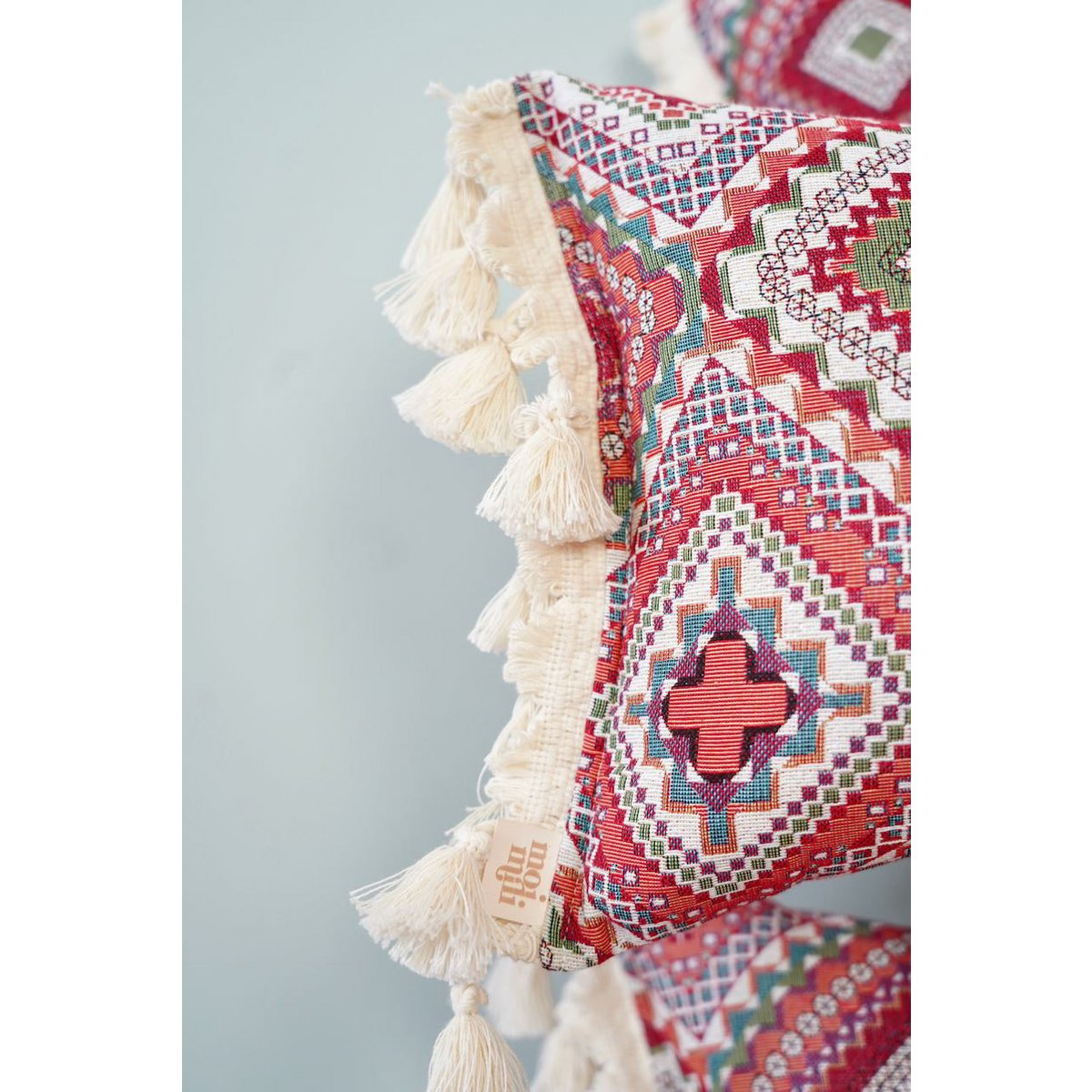 Decoratief kussen in 'roze bohostijl' met franjes