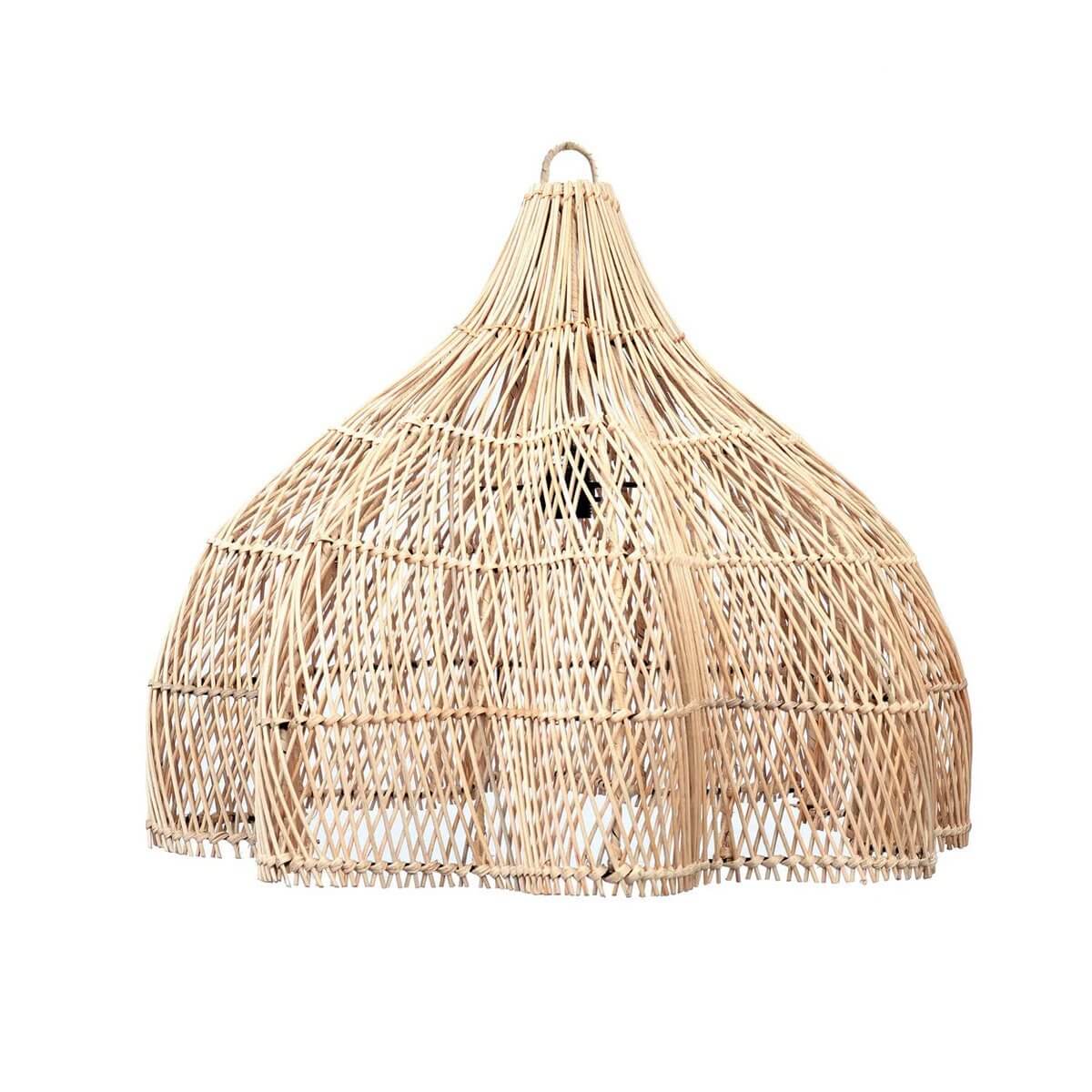 Bohemian-style rattan pendant light with unique shape, perfect for indoor and outdoor spaces, enhancing any room's decor.