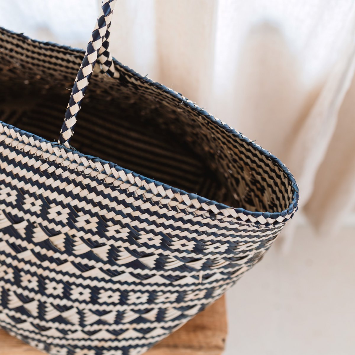 Boho Tote Bag – Zeegras Zomertas – Schouder Strandtas – Geweven Natuurlijke Tas – Grote Boho Boodschappentas KIDUL (zwart)