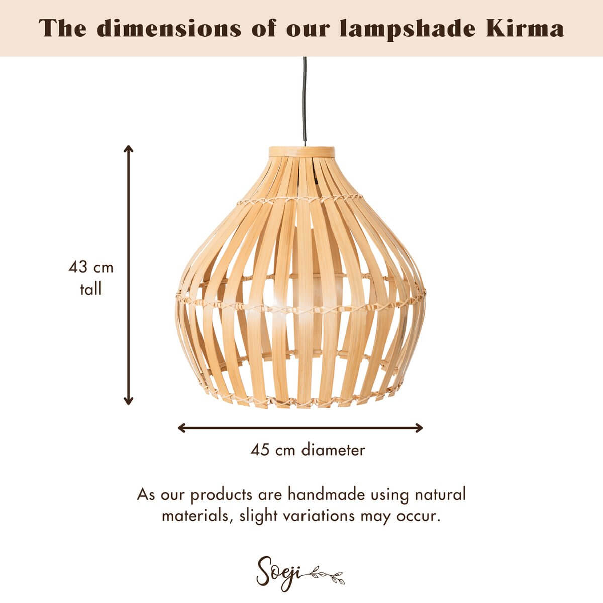 Bamboe lampenkap Kirma van 45 cm diameter en 43 cm hoogte, traditionele handgemaakte klokvormige lampenkap met natuurlijke uitstraling.