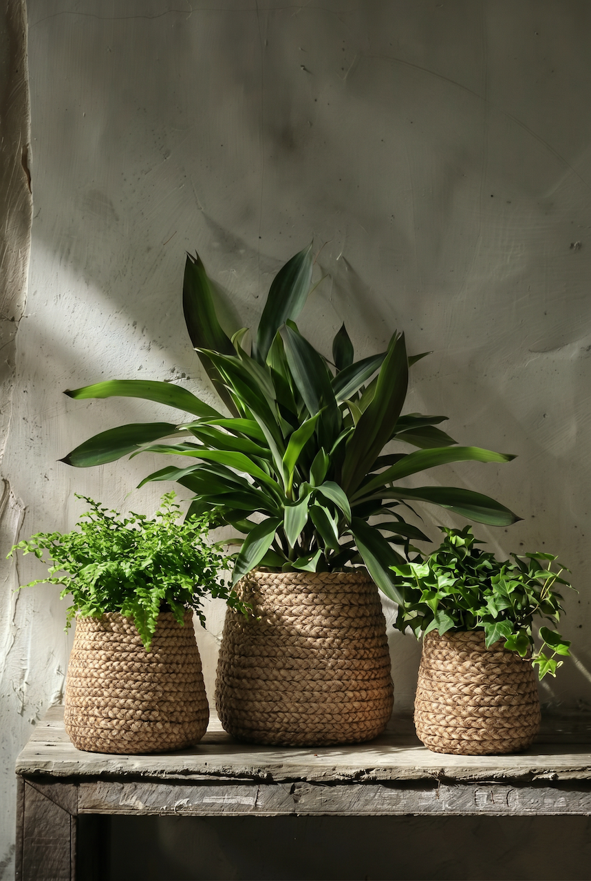 Nep gevlochten plantenpot - naturel - L