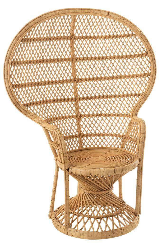 Rotan Stoel Peacock J-Line Chair Peacock With Cushion Rattan Natural Width 67 Height 133 Length 105 Weight 7.2 kg Collection Zomer 2021 Colour Natural Material composition Rattan(100%) Max seating weight 120 Seat depth 48 Seat height 81