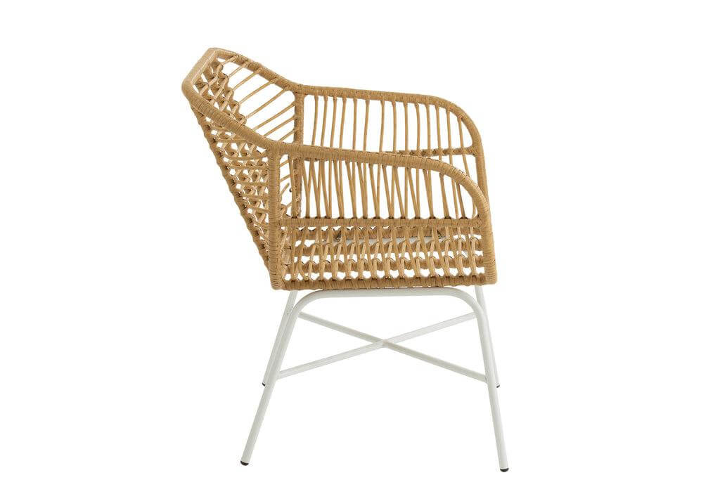 Rotan Stoel Rachelle J-Line Chair Rachelle Outdoors Met/Rattan Natural/White Width 67 Height 87.5 Length 68 Weight 5.58 kg Collection Zomer 2022 Colour Natural Material composition Iron(26%),rattan(71%),cloth(3%) Max seating weight 140 Seat height 43 Moun