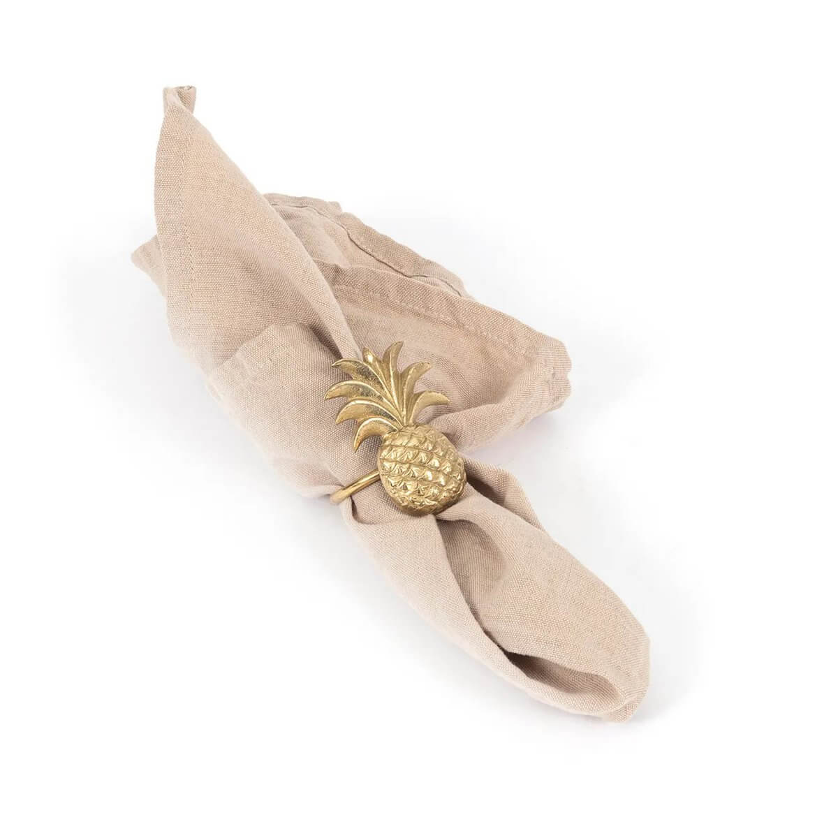 Gold pineapple napkin ring in solid brass for a luxurious bohemian table setting, paired with beige napkin. Perfect for elegant dining.