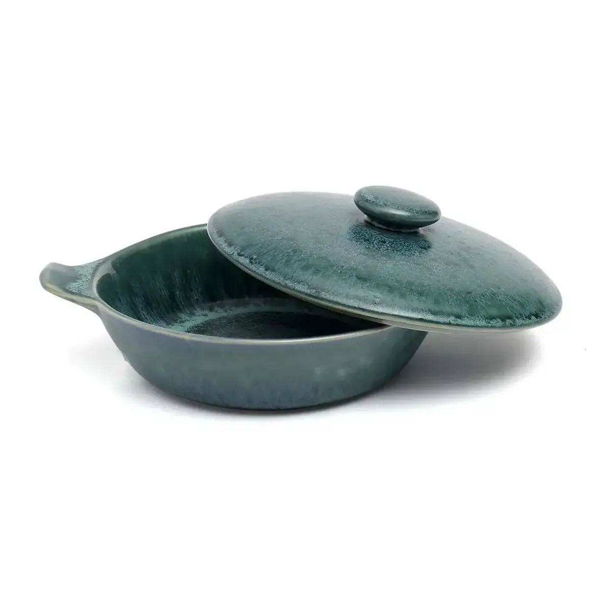 Elegant Aqua Stew Pot with lid, perfect for slow-cooked meals and stylish kitchen decor. Handcrafted cookware from the Aqua Collection.