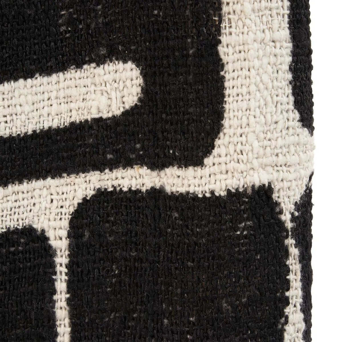 Close-up van Azteeks patroon op De Aztec Bedsprei in natuurlijk zwart en wit katoen van Bazar Bizar.