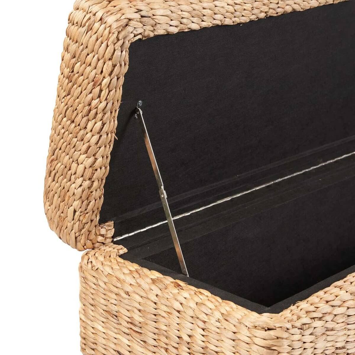 Close-up of the De Big Sure Storage Ottoman in bohemian water hyacinth material, showcasing its open lid and spacious interior for storage.