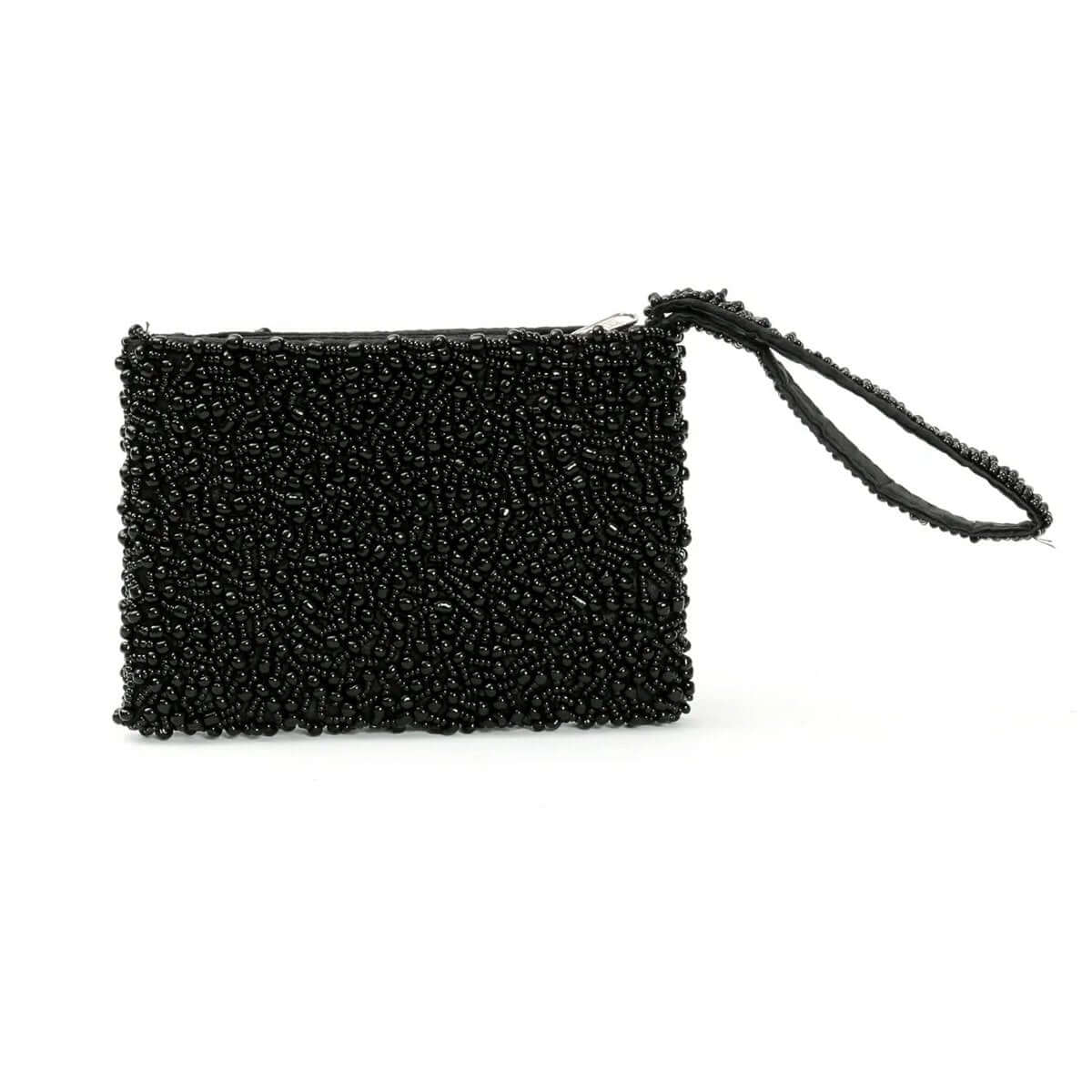 Bohemian style Black Pearl Wallet with intricate beadwork, compact design perfect for pocket or bag, adding mystery and allure to your look.