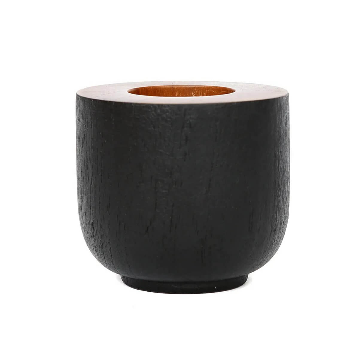 Bohemian style De Bondi candle holder in minimalist black and brown teak wood, perfect for cozy evenings. By Bazar Bizar Living.