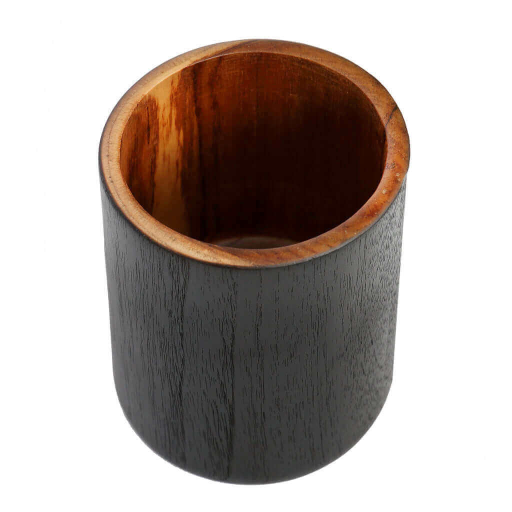 Ronde teakhouten De Bondi Vaas, naturel zwart, veelzijdig voor make-up of pennen, handgemaakt met lichte variaties.
