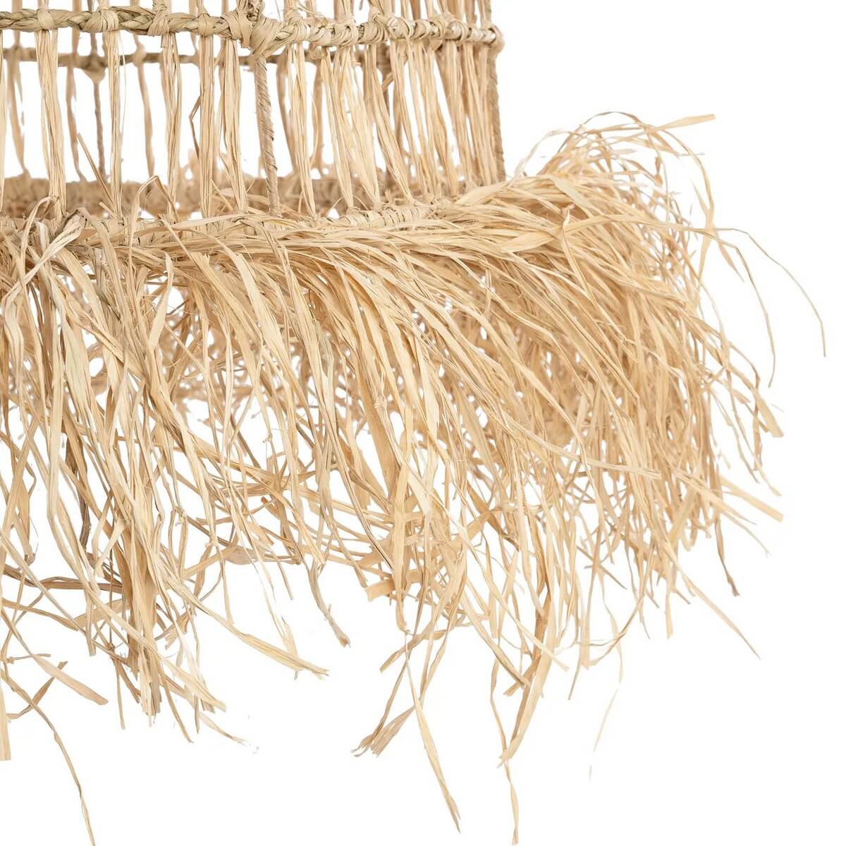 Bohemian De Casita-hanger in natural tones, handcrafted from mendong grass, features fringes for a tropical vibe.