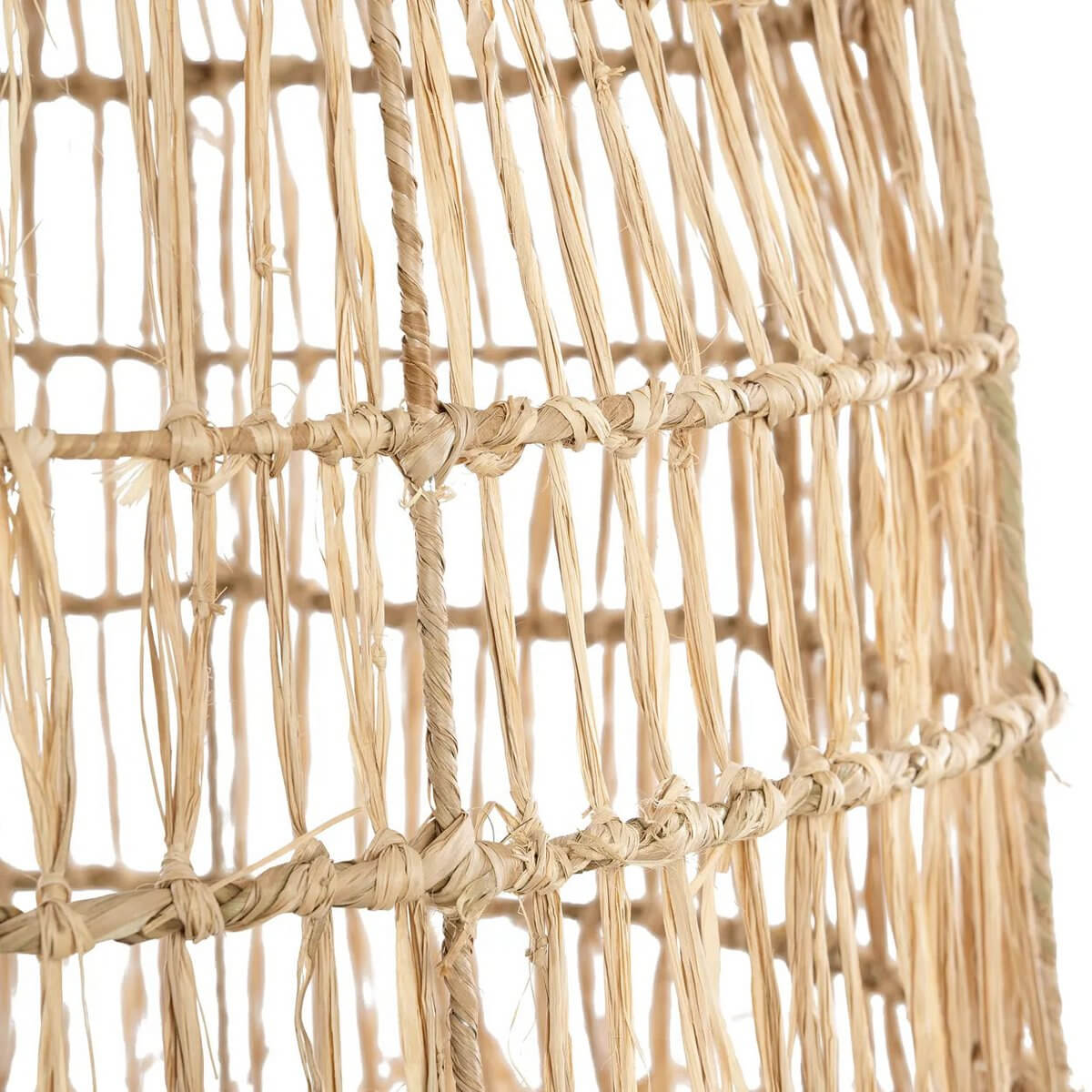 Close-up of a woven mendong grass lampshade for a Bohemian Casita hanger, showcasing natural texture and intricate design.