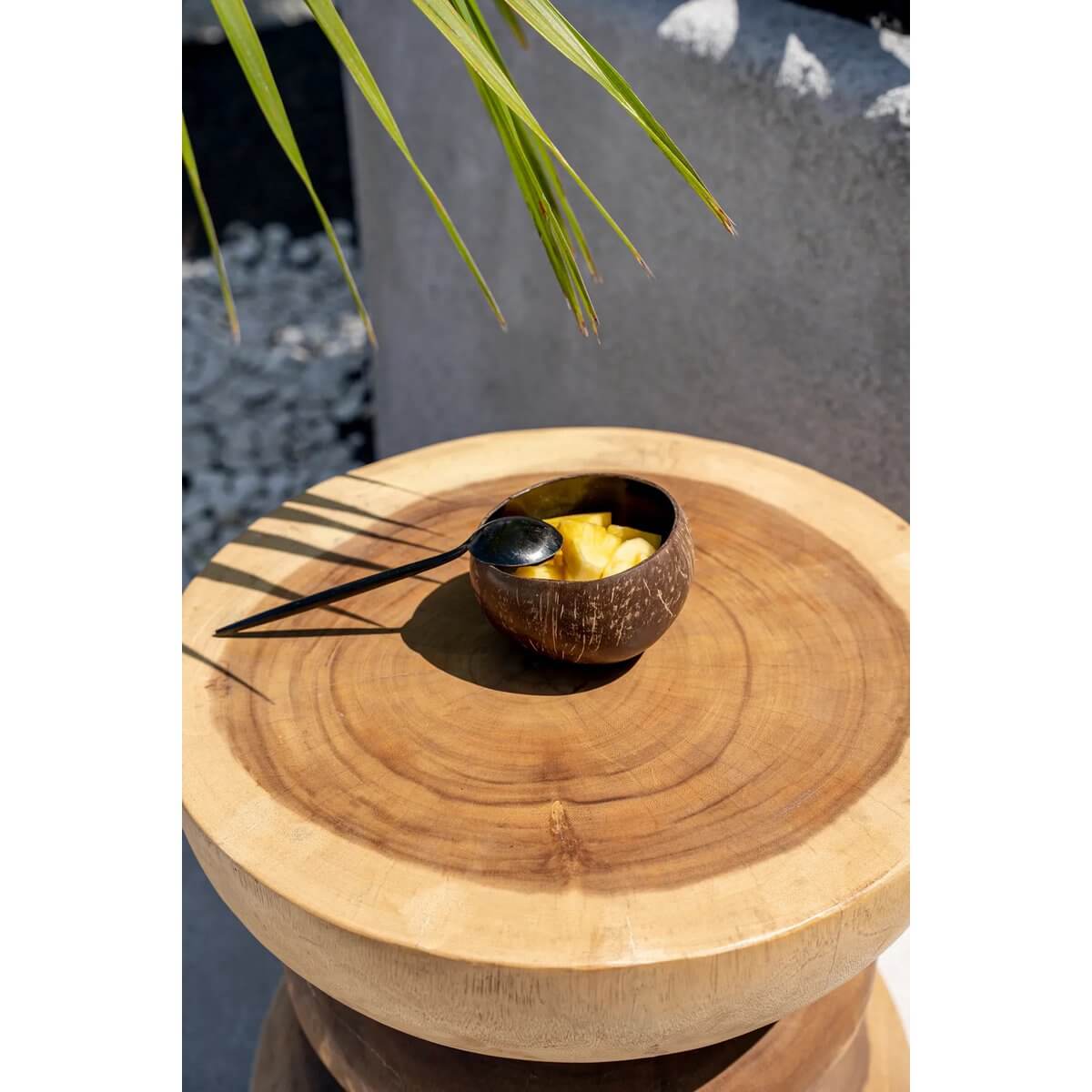 Bohemian-style coconut bowl on a wooden table, filled with tropical fruit. Perfect for smoothie or breakfast bowls. Nature-inspired dining.