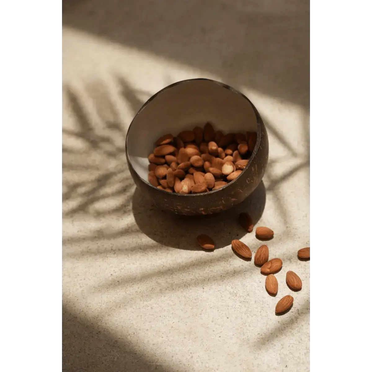 Bohemian coconut bowl with almonds, creating a tropical vibe, perfect for breakfast or smoothies. Eco-friendly kitchen essential.