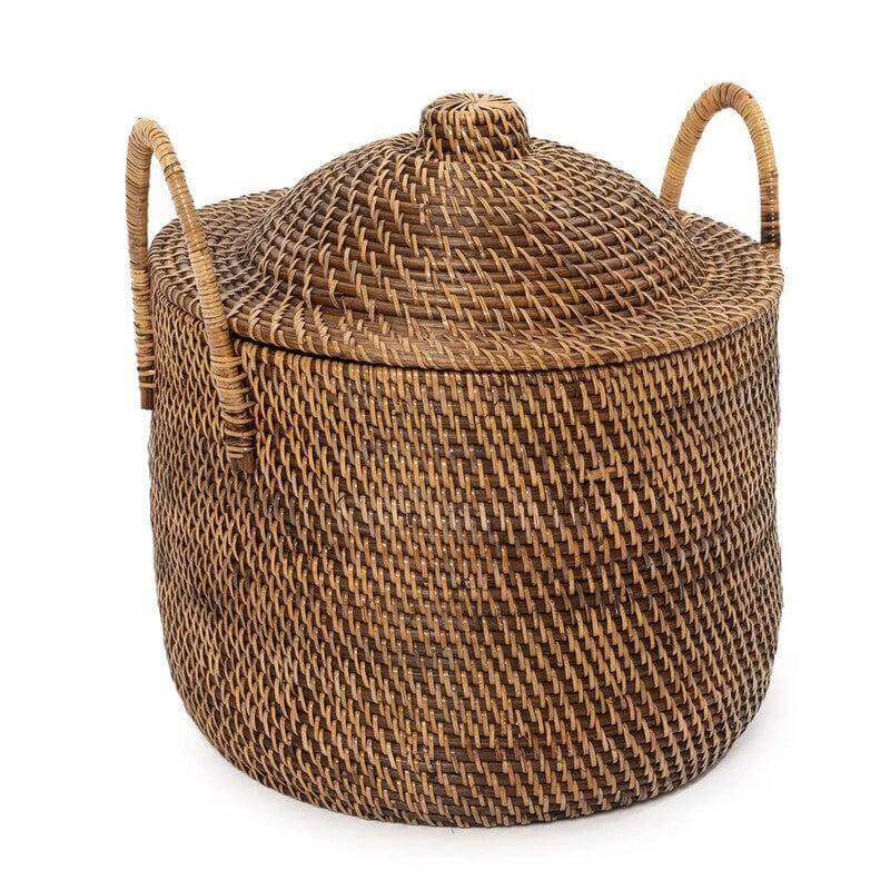 Rotan mand met deksel en handvaten, koloniale stijl in natuurlijke bruine kleur, 39x40x40 cm, voor stijlvolle opbergruimte.