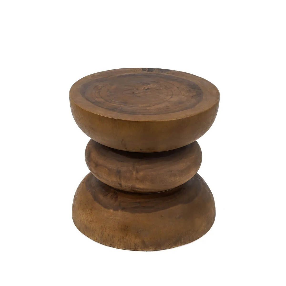 Bohemian De Corfu spiral stool handcrafted from solid Mungurr wood, perfect for living room, bathroom, or as a bedside or garden accent.