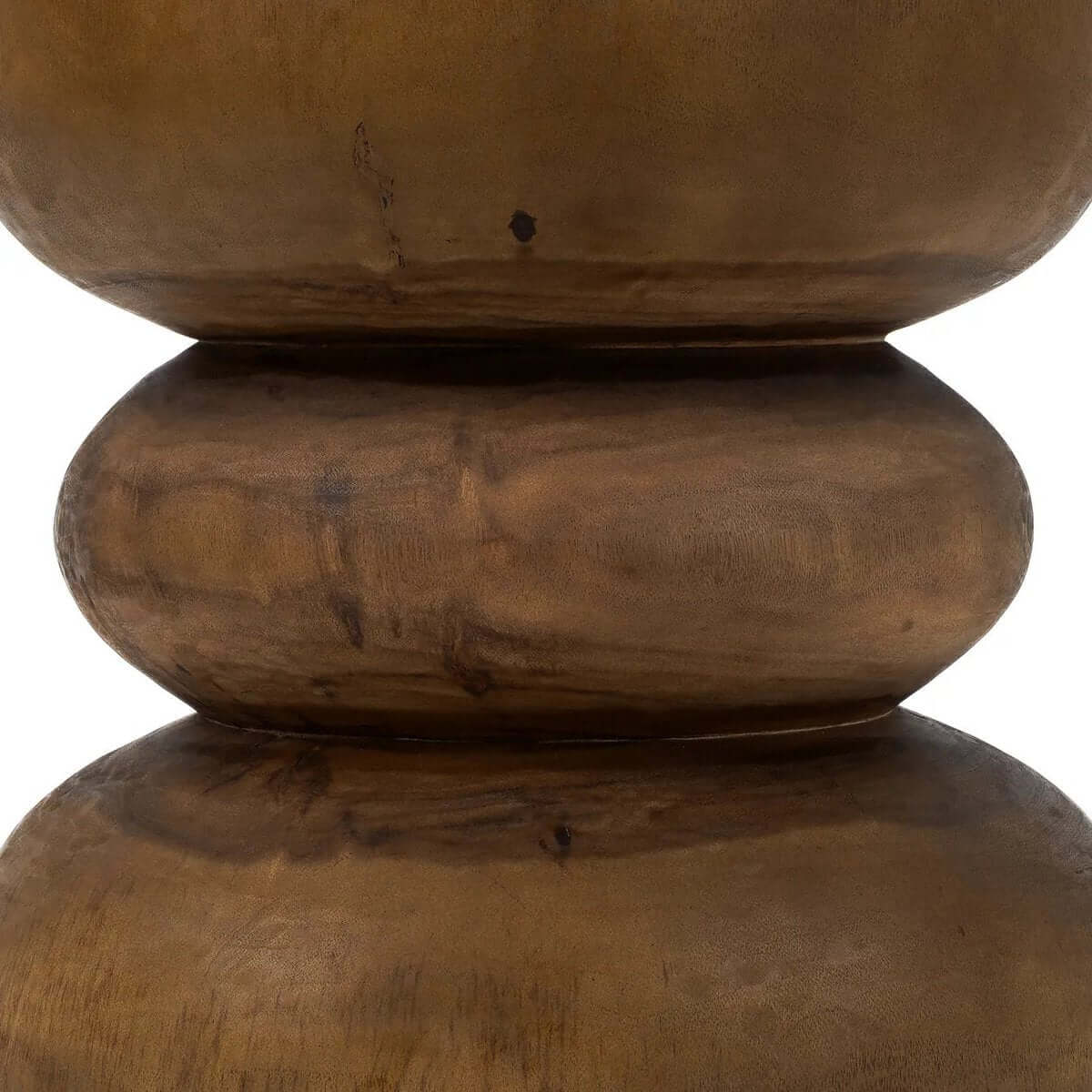 Close-up of a handmade, spiral-shaped bohemian stool in solid Mungurr wood. Ideal for living room, bathroom, kids' room, or garden.