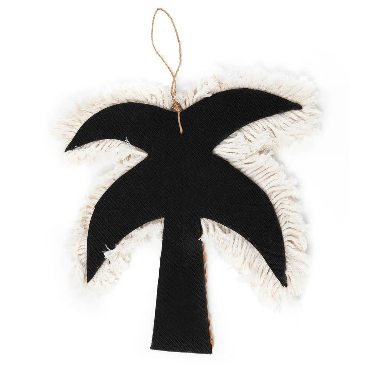 Bohemian palm tree decor in black and white cotton and shell, 27cm tall, by Bazar Bizar Living. Perfect for natural, stylish spaces.