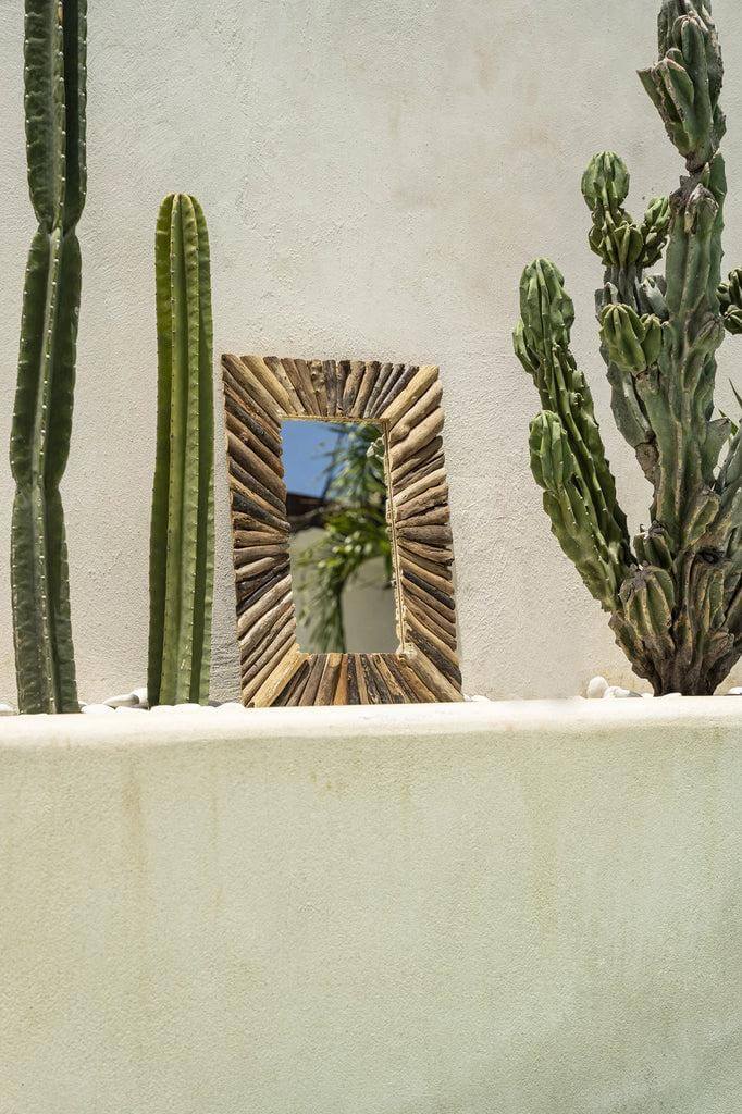 Alt Tag: Rechthoekige spiegel met drijfhouten frame naast twee cactussen tegen een witte muur. Uniek handgemaakt ontwerp in natuurlijke kleuren.