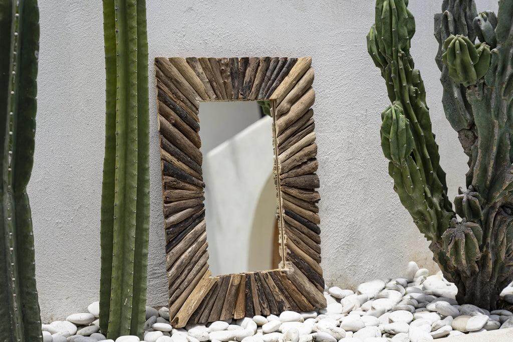 Driftwood spiegel met natuurlijke houten lijst, rechthoekige vorm, weerspiegelt zonlicht tussen cactussen, perfect voor unieke muurdecor.