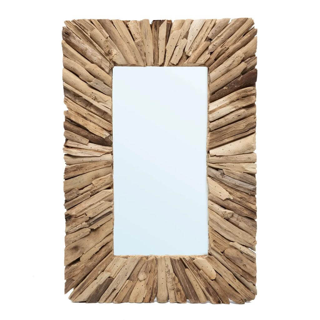 Natuurlijke drijfhout spiegel met rechthoekig glazen midden, uniek handgemaakt ontwerp voor een prachtige wanddecoratie.