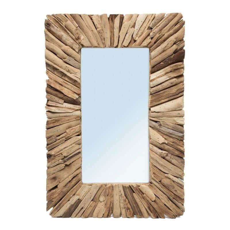 Rustieke spiegel met rechthoekig drijfhouten frame, natuurlijke kleuren, uniek design. Perfect voor een stijlvolle muurdecoratie.