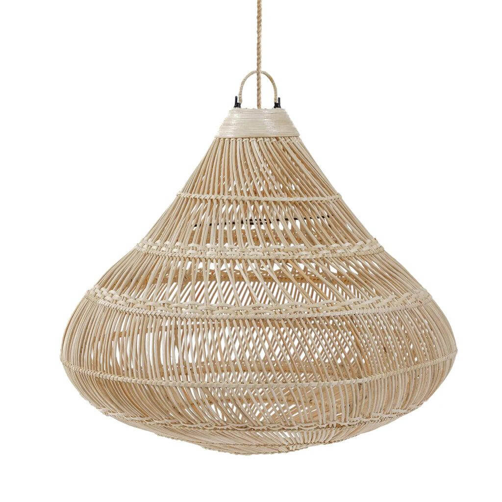 Natuurlijke rotan hanglamp in druppelvorm voor sfeervolle verlichting, perfect als hanglamp of vloerlamp in elk interieur.