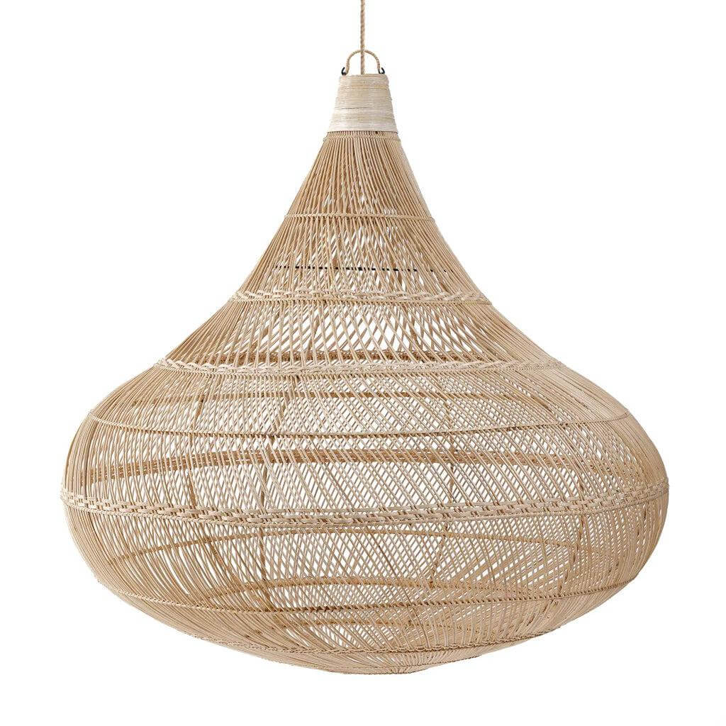 Rotan druppelvormige hanglamp in natuurlijke kleur, XL formaat. Hoogte 110 cm, breedte 107 cm, perfecte sfeerverlichting voor elke kamer.