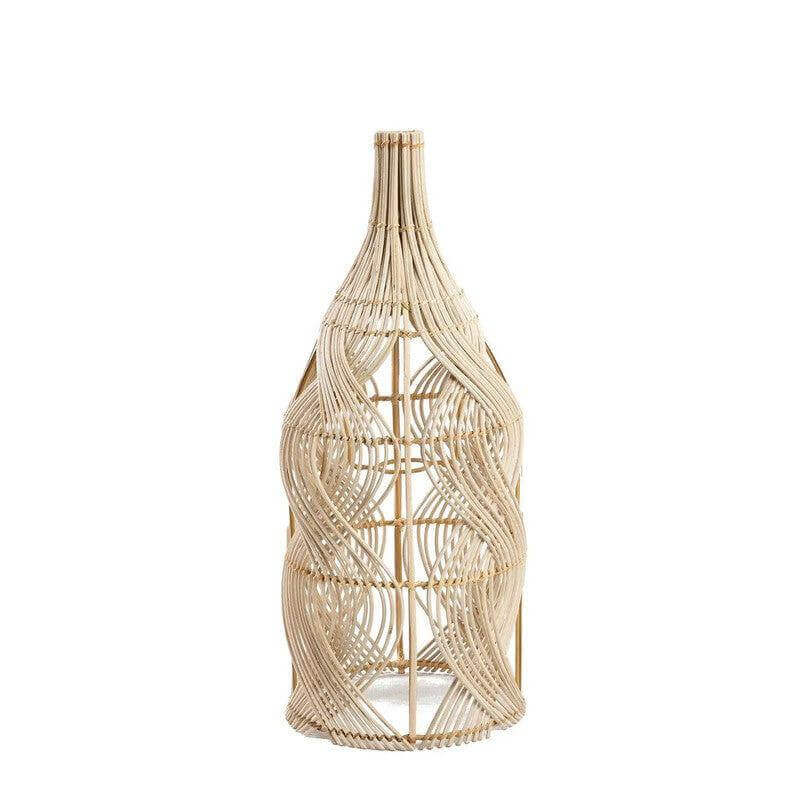 Rotan lampenkap De Garaffa-hanger in natuurlijke tint, vorm van een fles, veelzijdig als hanglamp, vloerlamp of tafellamp.