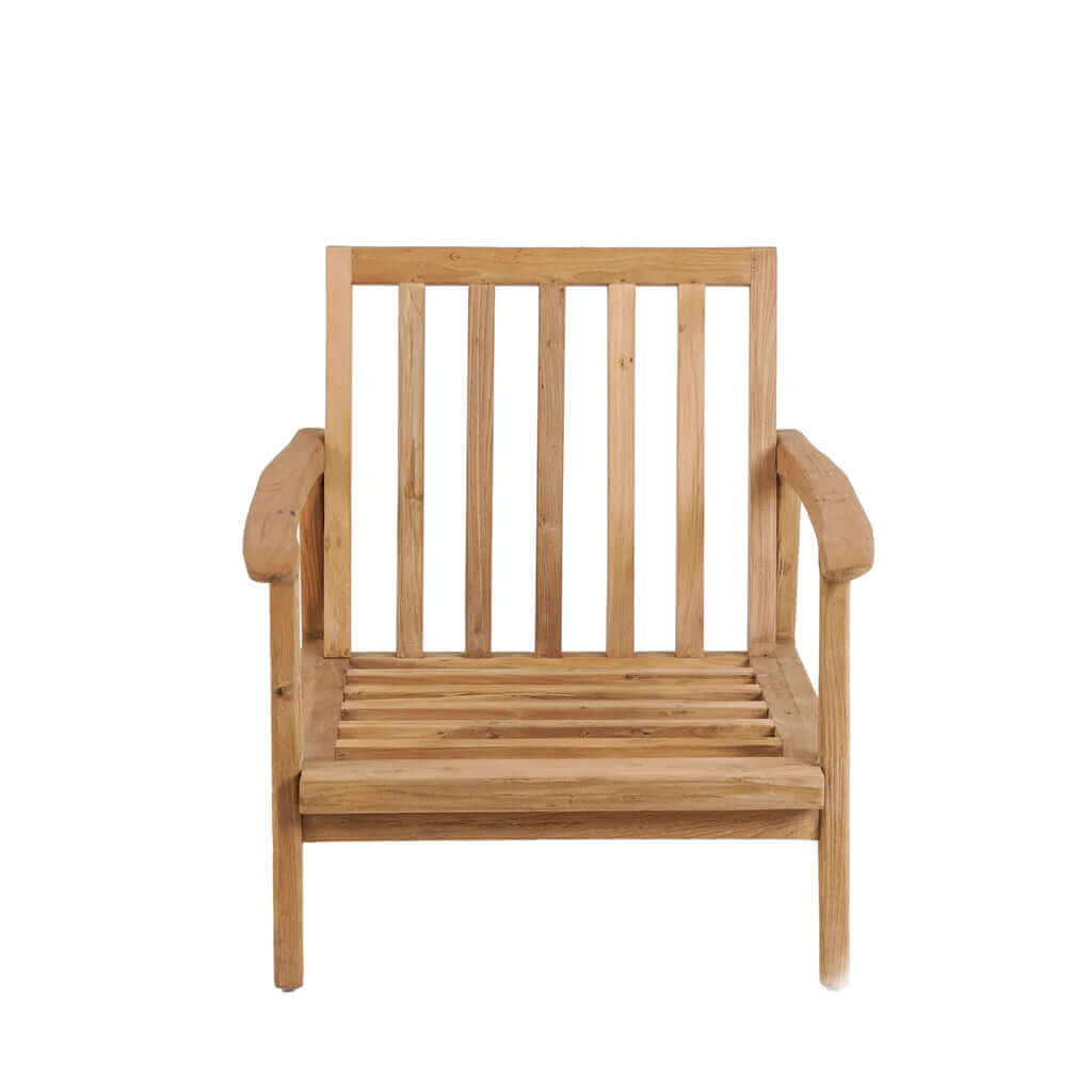 Alt Tag: Eenzitsbank van gerecycled teakhout voor buitengebruik, stijlvol en comfortabel, perfect om te ontspannen in de natuur.
