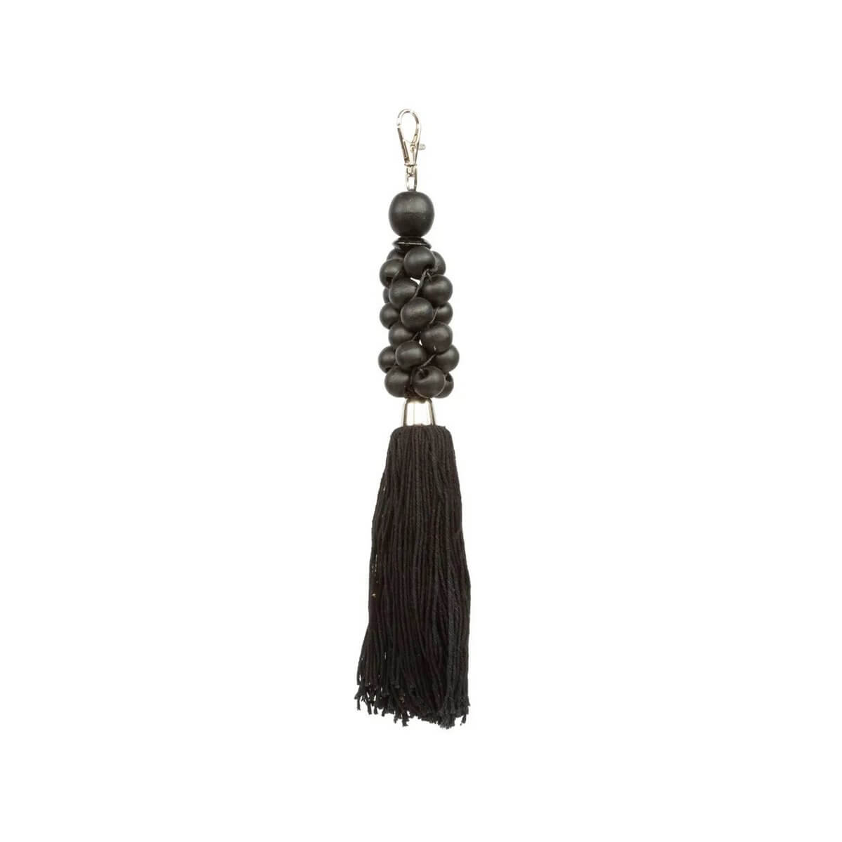 Elegant bohemian black wooden bead keychain with cotton tassel, exuding minimalist style and refined charm.
