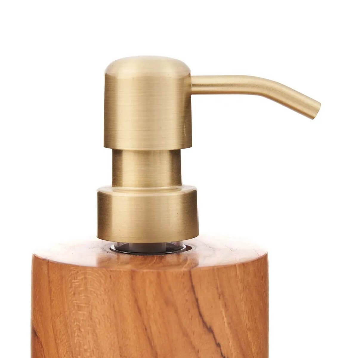 Bohemian teak wood soap dispenser with brass pump, adding natural elegance to bathroom or kitchen decor.