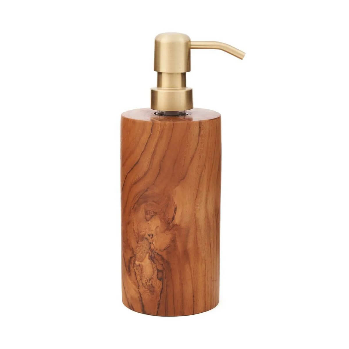 Elegant wooden soap dispenser made of teak with a gold pump, adding Bohemian warmth and style to your bathroom or kitchen.