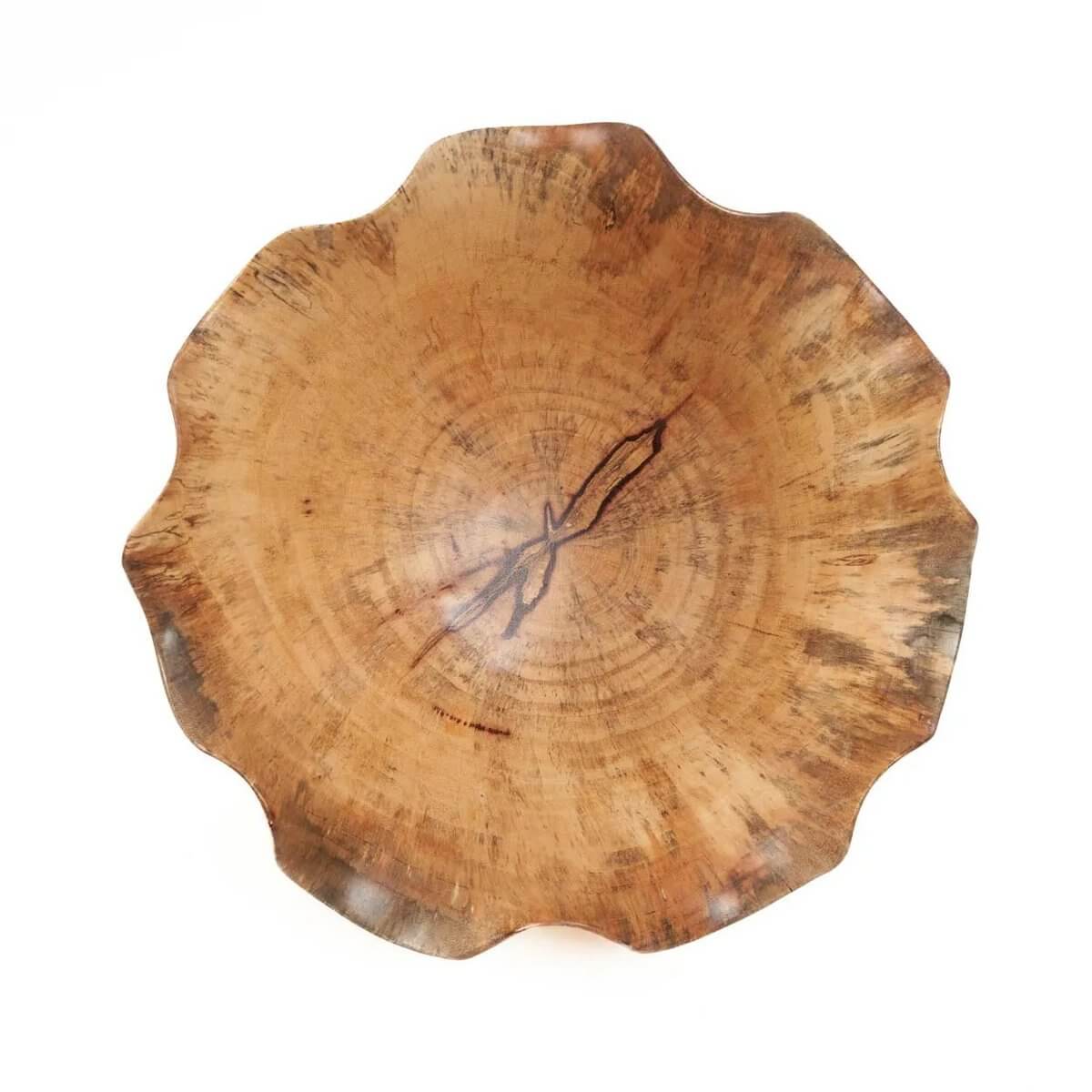 Handmade Ifefe teak wood fruit bowl with a Bohemian style, ideal for stylish kitchen or table decor, showcasing natural wood tones.