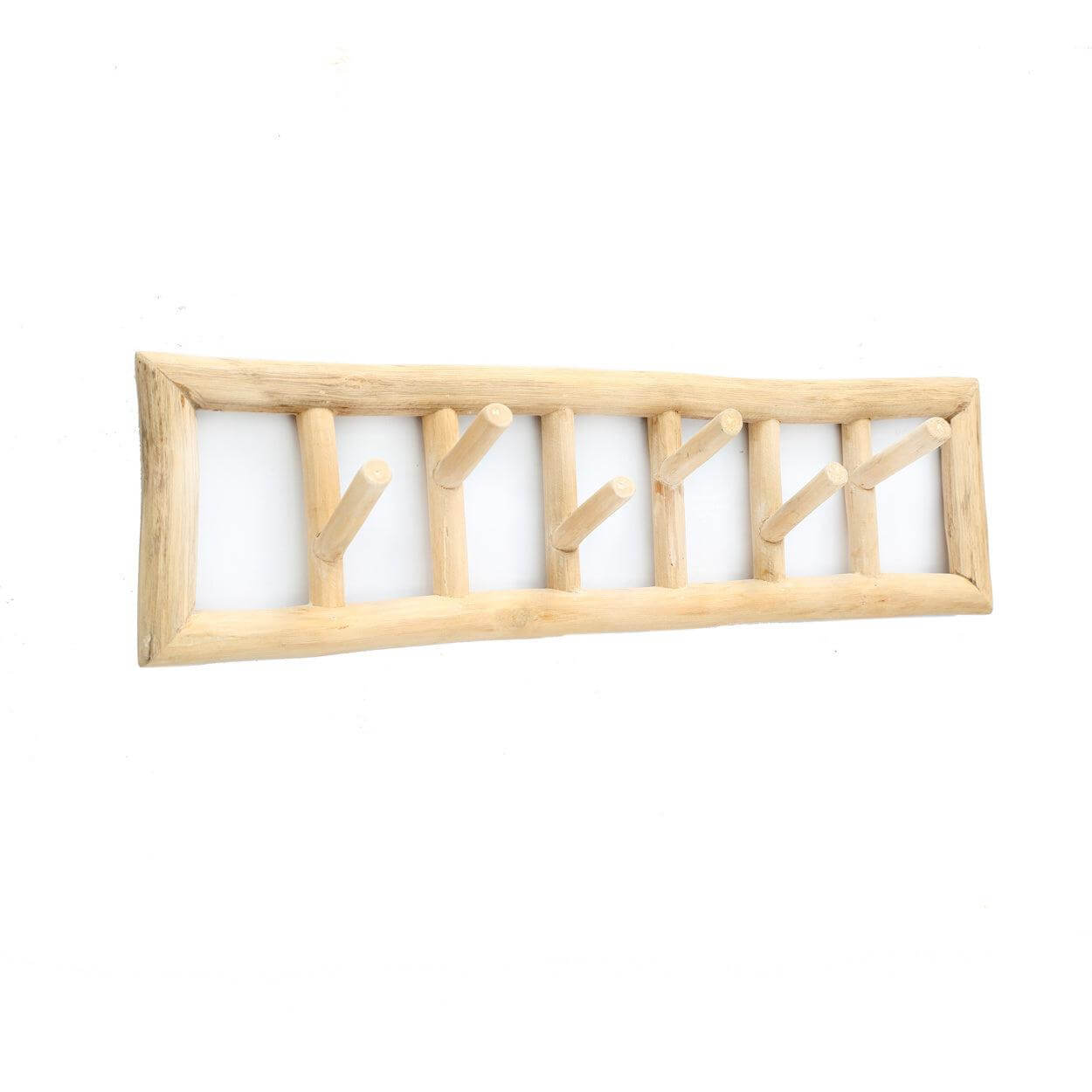 Massief teakhouten kapstok De Island met natuurlijke uitstraling, perfect voor hal, badkamer of slaapkamer. Handgemaakt en duurzaam.