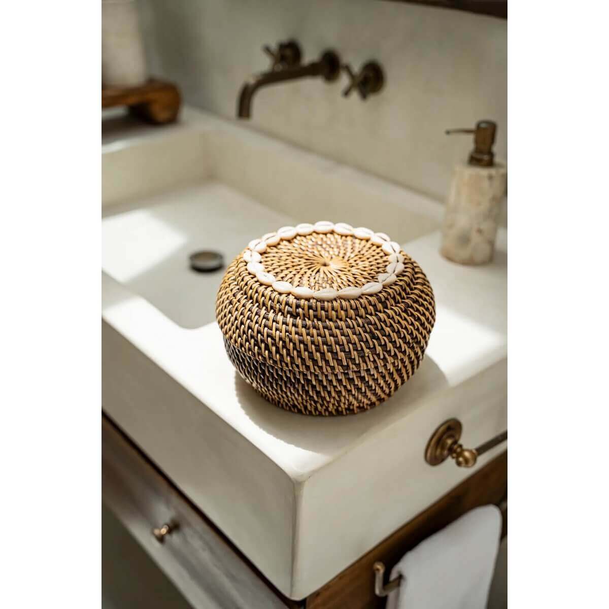 Donkergekleurde rotan opbergmand met kaurischelpen op een witte wastafel.
