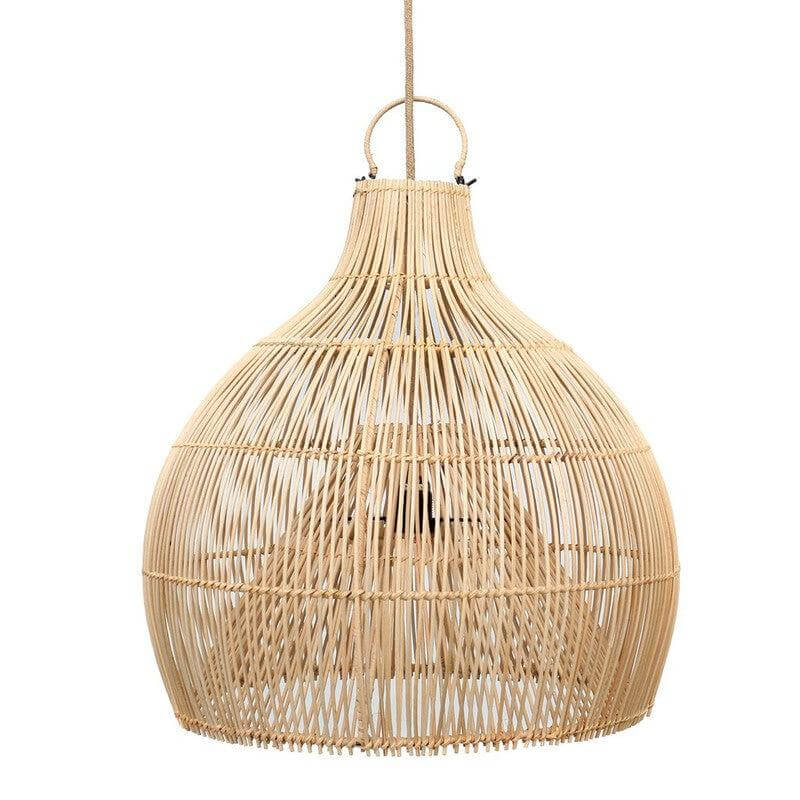 Vaasjevormige rotan De Lobster Trap hanglamp in natuurlijke kleur, perfect voor een kustinterieur, veelzijdig en handgemaakt.