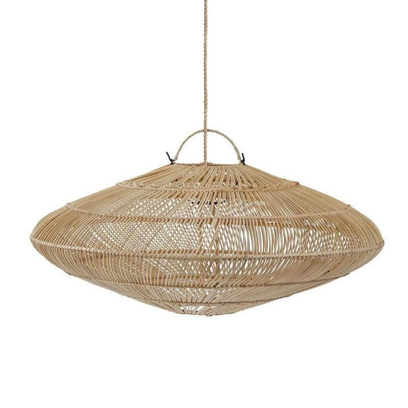 Natuurlijke macaron hanglamp van rotan, handgemaakt en elegant, perfect voor speelse interieurverlichting. Medium formaat.