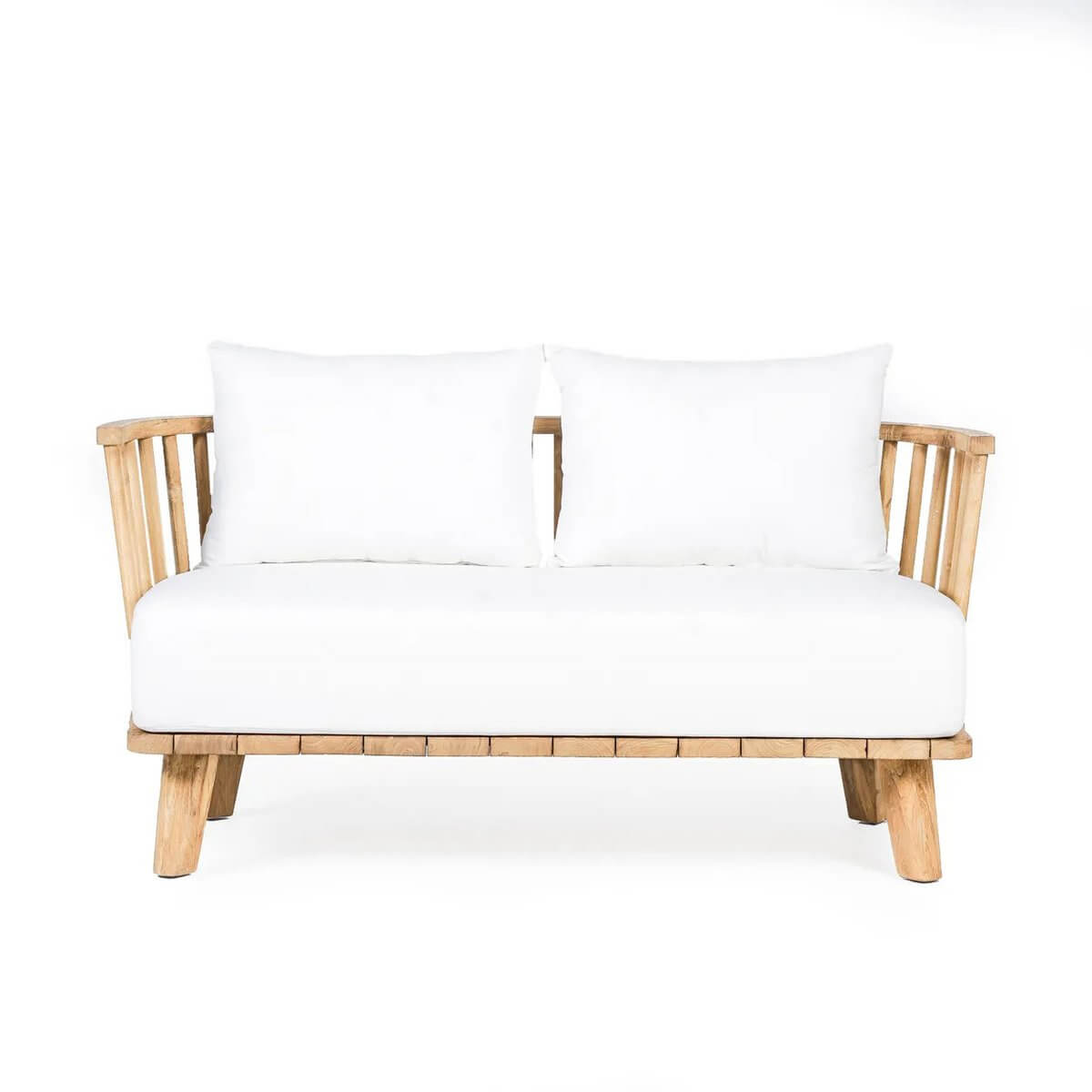 Bohemian outdoor loveseat crafted from reclaimed teak, featuring white water-repellent cushions for elegance and comfort in nature.
