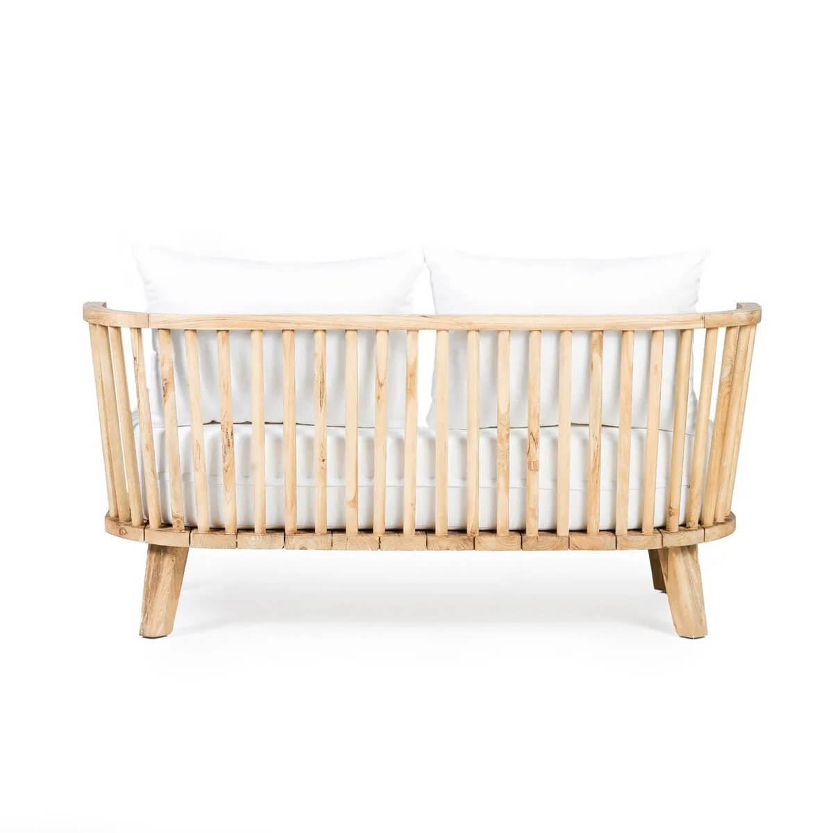 Bohemian outdoor teak loveseat with water-repellent cushions, elegant natural wood design, perfect for relaxing in nature.