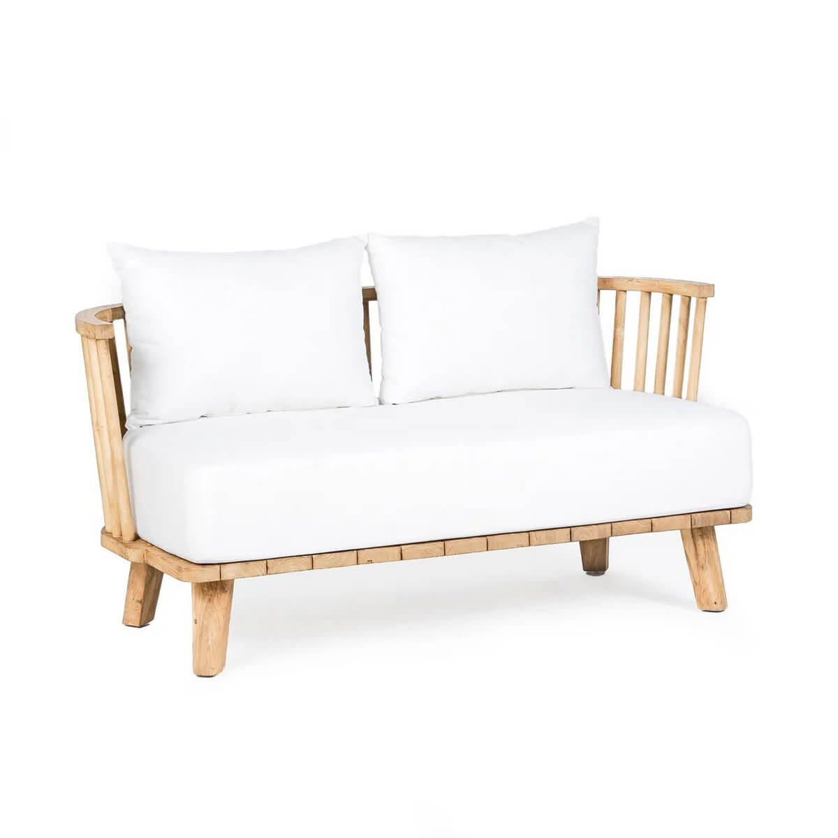 Bohemian outdoor teak loveseat with white water-repellent cushions, perfect for stylish and comfortable garden lounges.