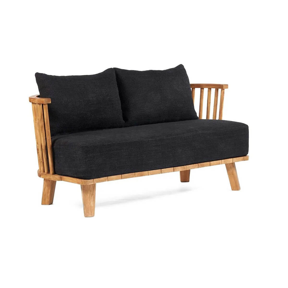 Bohemian style Malawi two-seater in natural black with recycled teak frame and plush cushions, perfect for relaxing in any space.
