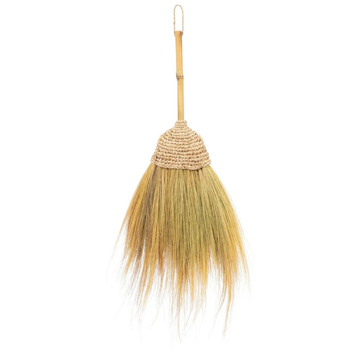 Bohemian style natural Indonesian raffia broom with a decorative loop, perfect for indoor decor, 4x75x30 cm, 360g.