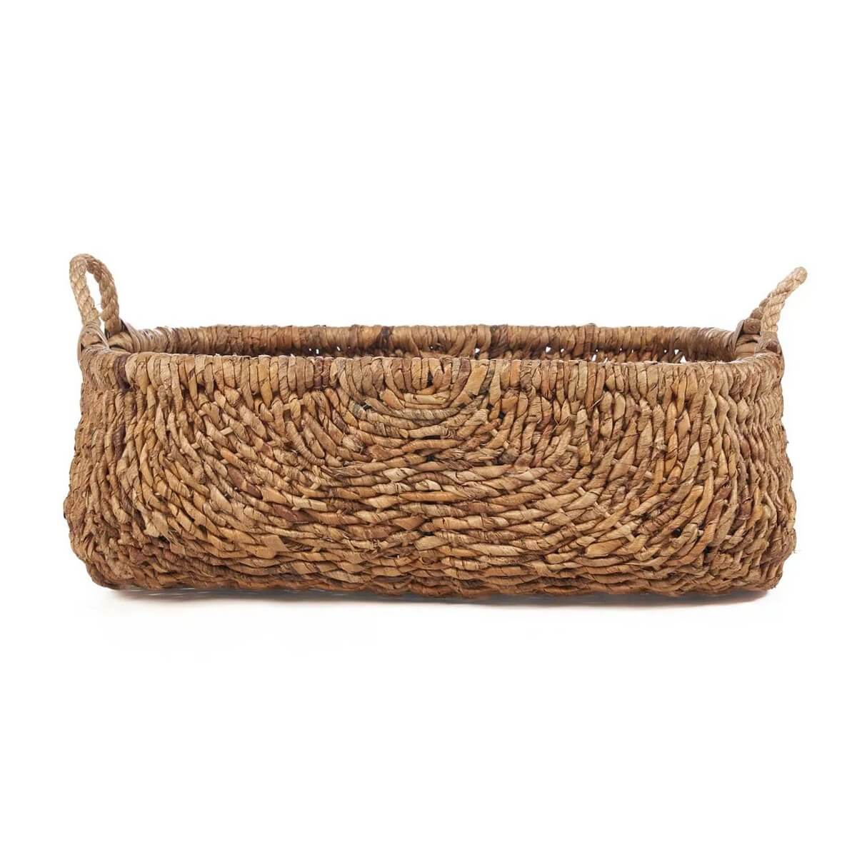 Bohemian-style handwoven basket made from natural banana leaf, featuring sturdy handles, perfect for chic home storage solutions.