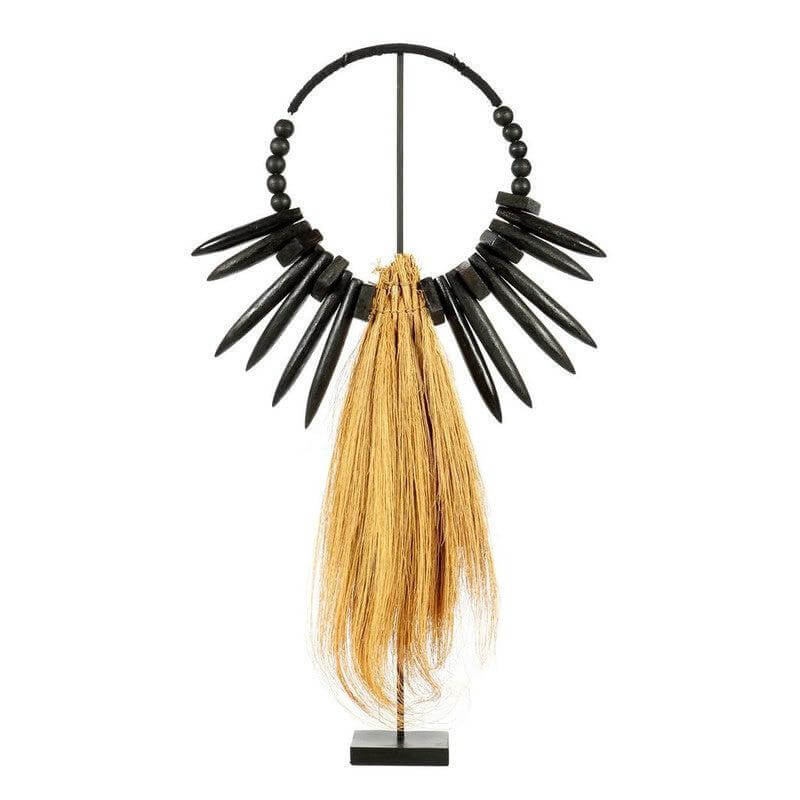 Alt Tag: Rayongrasscherm bohemian decor op standaard, met natuurlijke en zwarte accenten, gemaakt van hout en gras. Perfect voor binnen & buiten.
