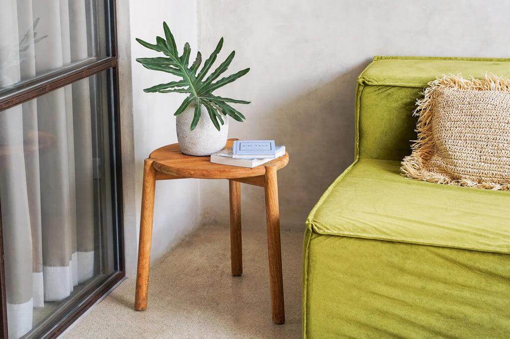 Kleine Seseh bijzettafel van teakhout met plant in moderne woonkamer naast groene bank, perfect voor binnen en buiten.