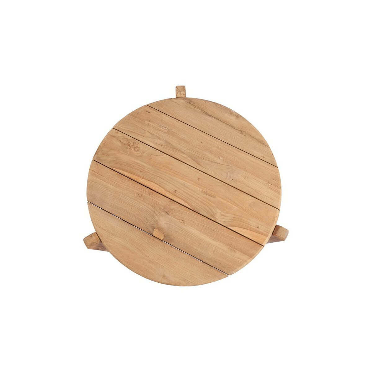Ronde teakhouten Seseh salontafel met drie poten, perfect voor terras of tuin.
