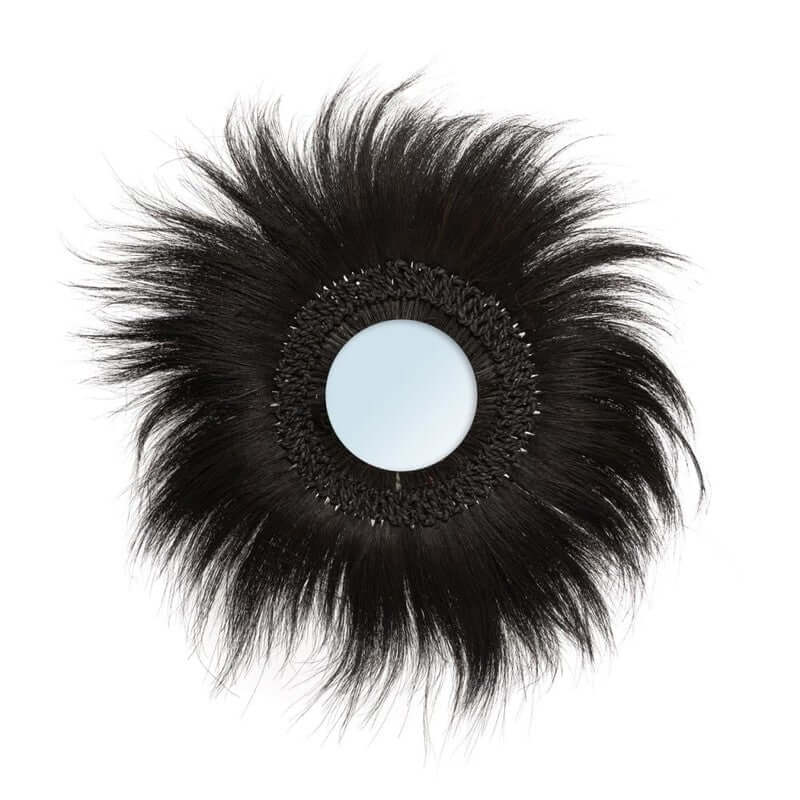 Simba wandspiegel zwart met Rayung Grass manen, boho stijl voor interieur, diameter 20cm, hoogte 4cm, lengte 70cm.