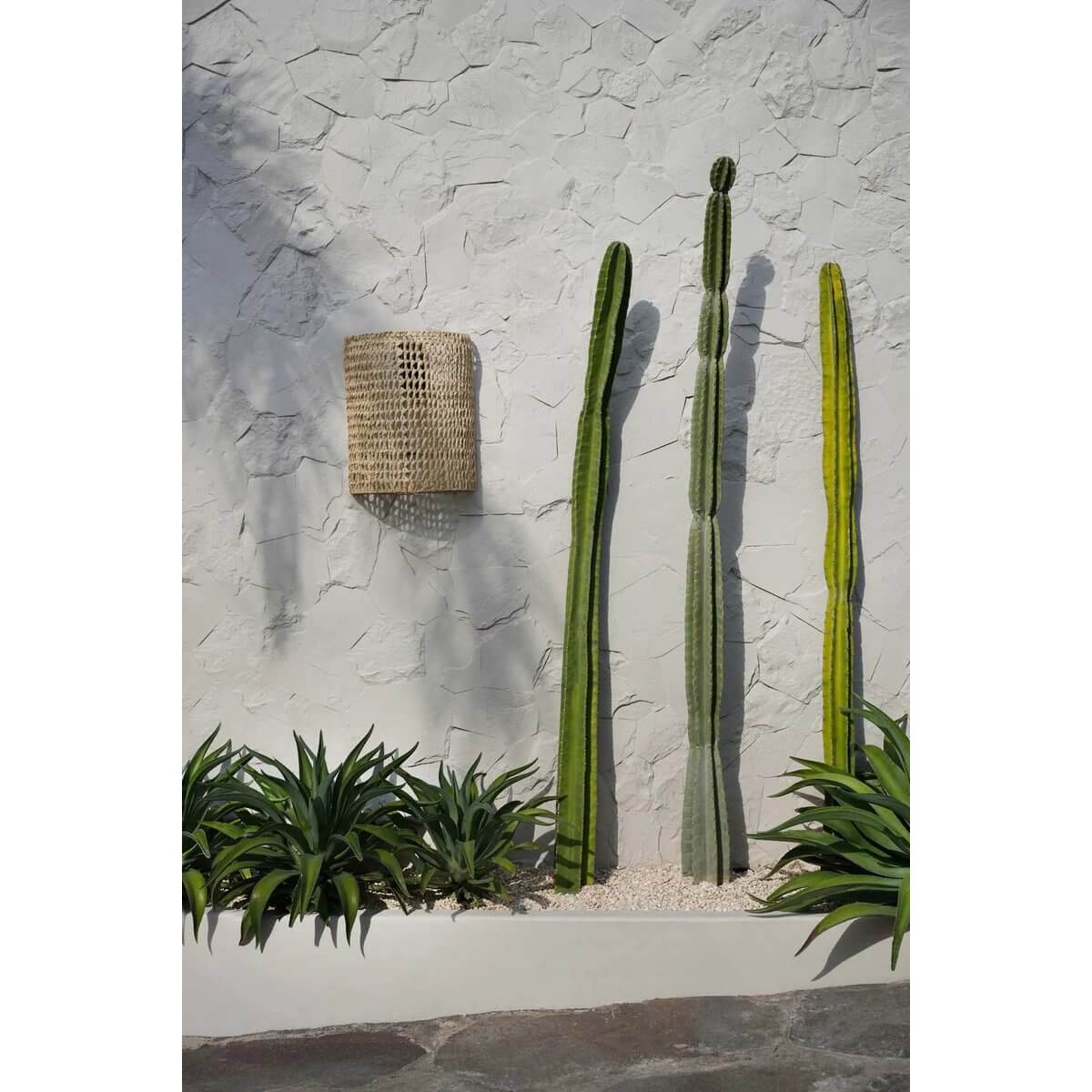 Wandappliqué met natuurlijk sisalweefsel naast cactussen tegen een stenen muur, rustieke en serene buitenruimte.