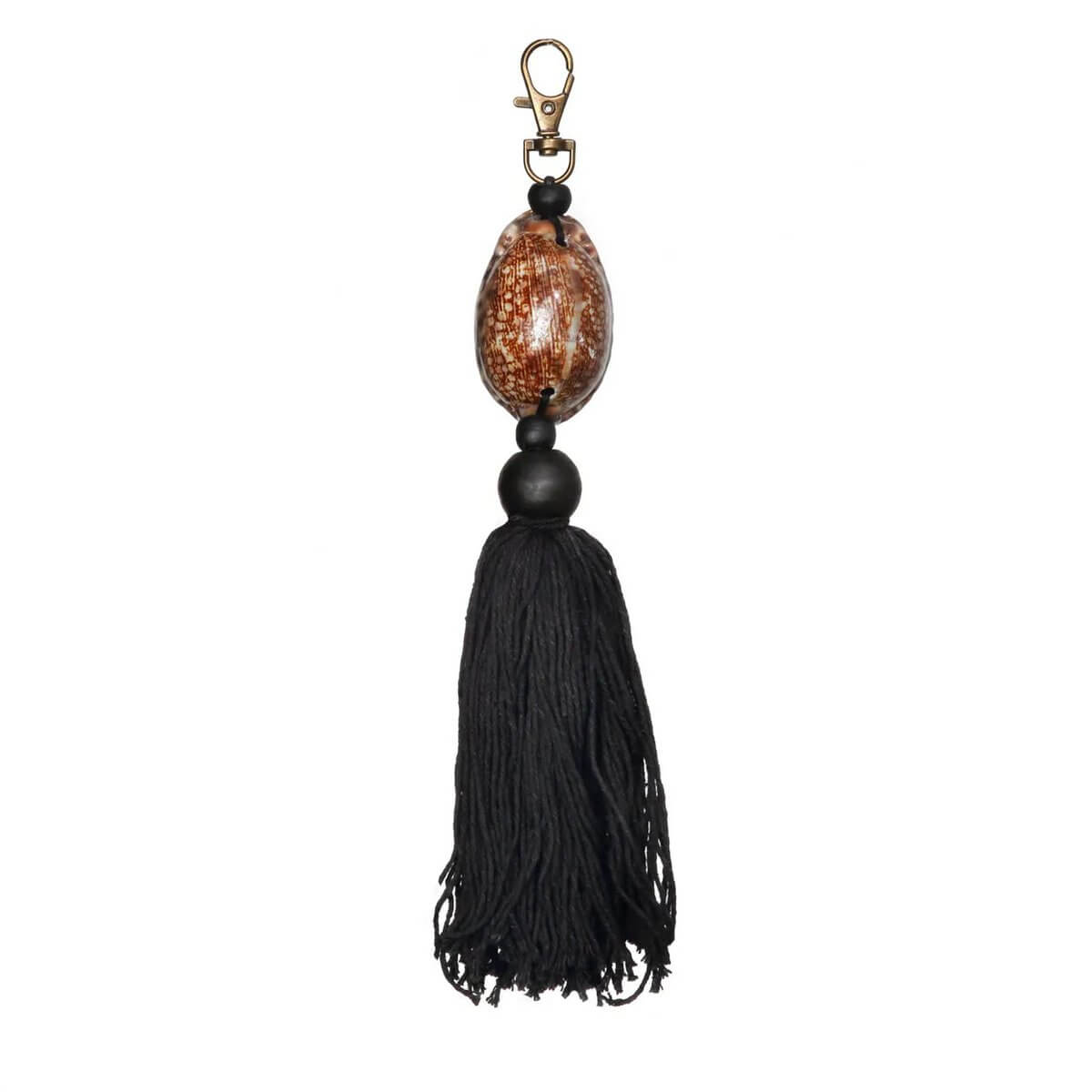 Bohemian Sumbawa keychain in black and brown tones with rustic charm, made of durable wood and soft cotton, 20cm length.
